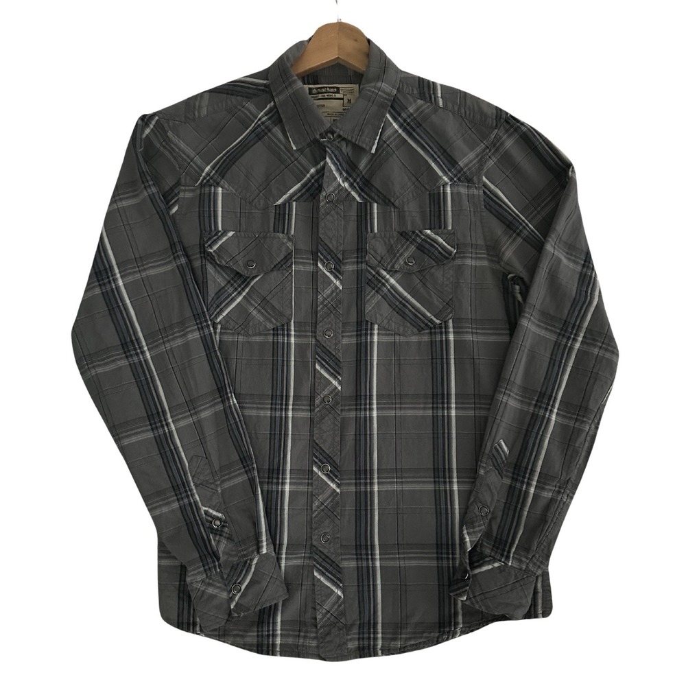 Machine Men's Medium Gray Plaid Pearl Snap Shirt M Cotton Long Sleeve Western